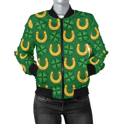 Shamrock Horseshoes Print Pattern Women Casual Bomber Jacket