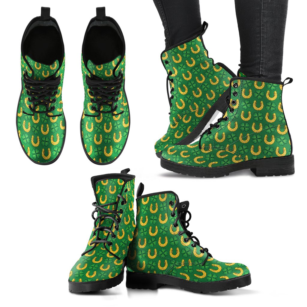 Shamrock Horseshoes Print Pattern Women Leather Boots-JTAMIGO.COM