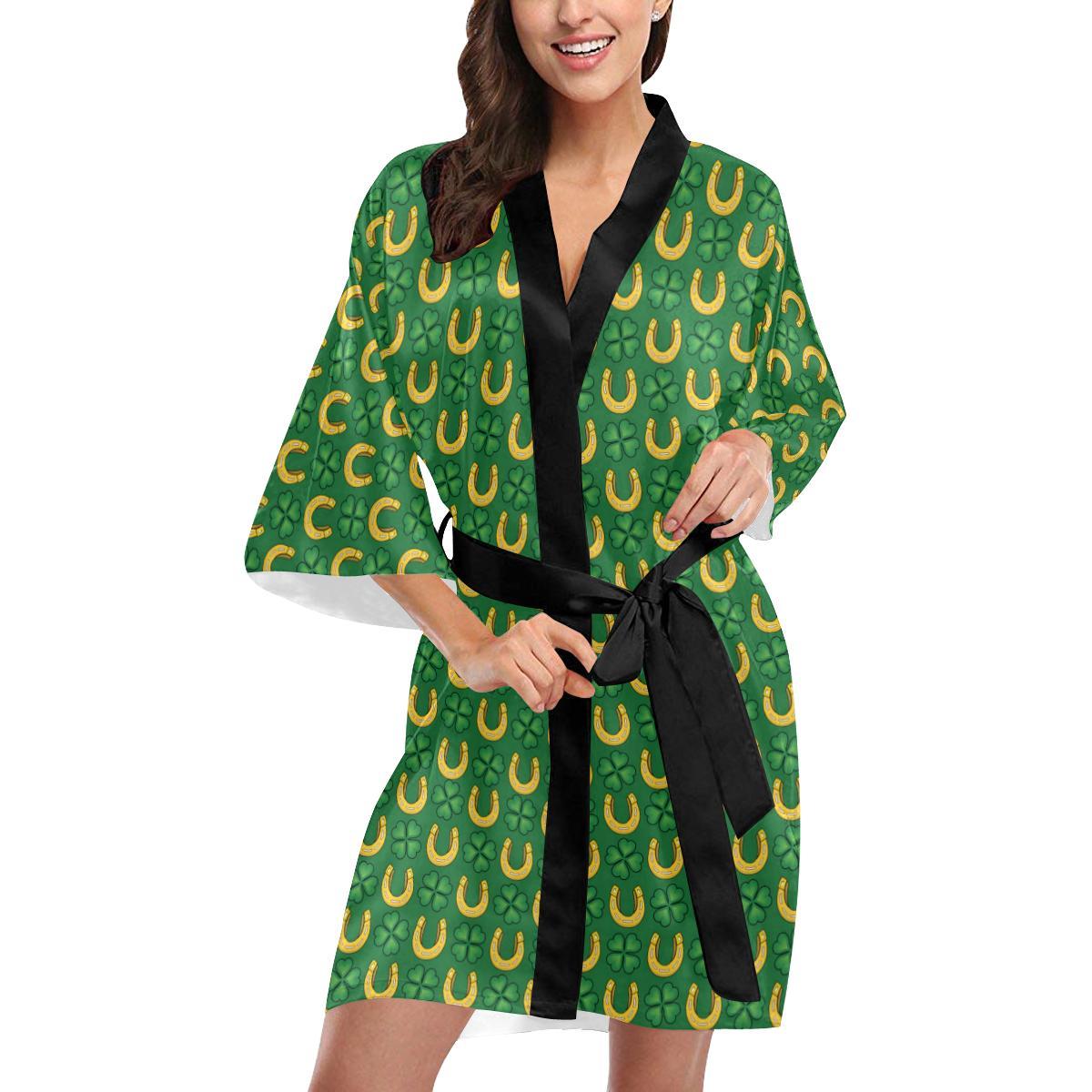 Shamrock Horseshoes Print Pattern Women Short Kimono Robe