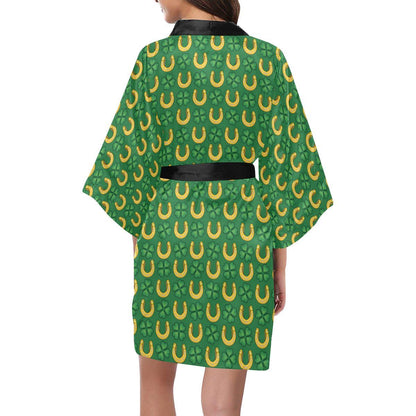 Shamrock Horseshoes Print Pattern Women Short Kimono Robe