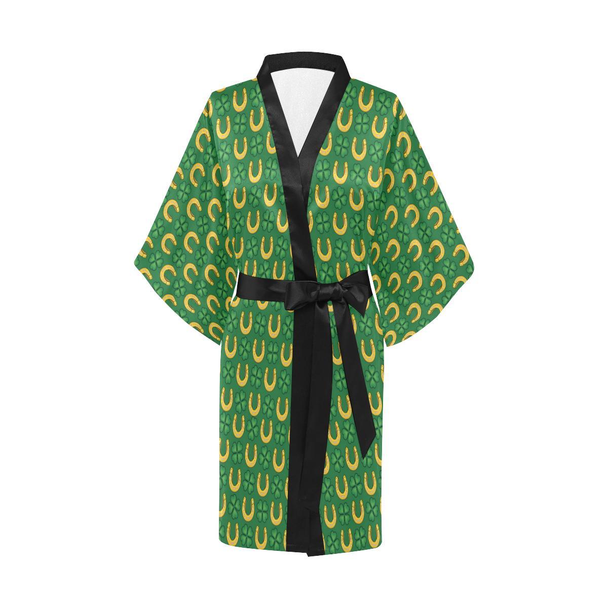 Shamrock Horseshoes Print Pattern Women Short Kimono Robe