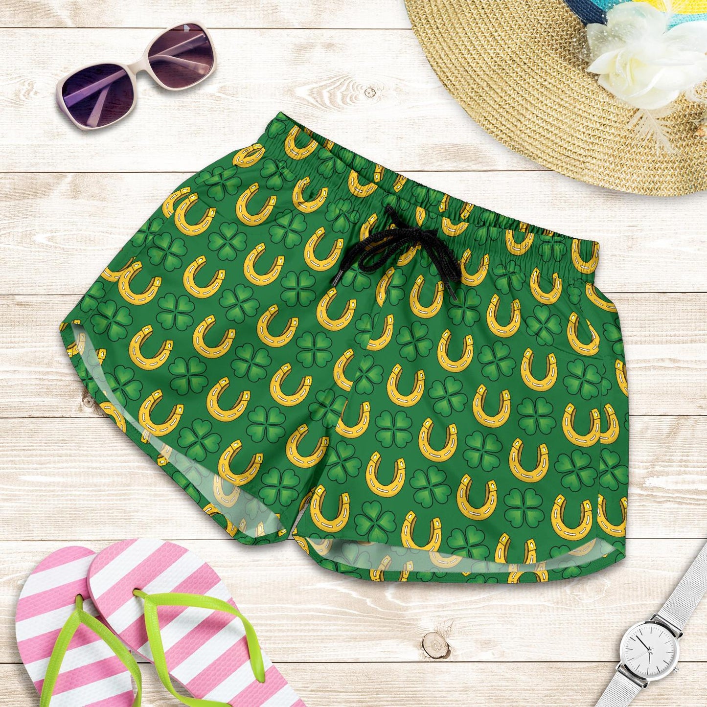 Shamrock Horseshoes Print Pattern Women Shorts-JTAMIGO.COM