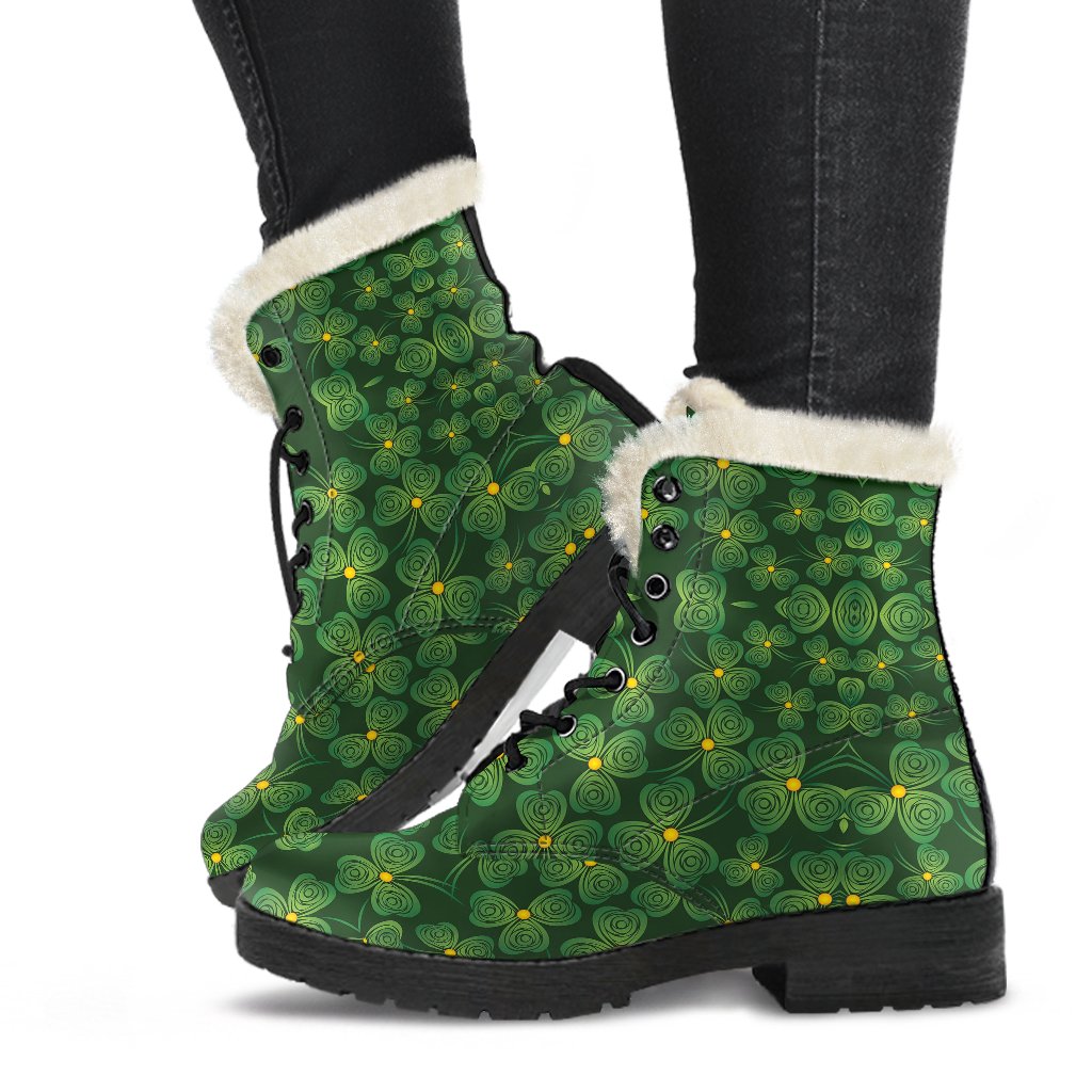 Shamrock Pattern Faux Fur Leather Boots-JTAMIGO.COM