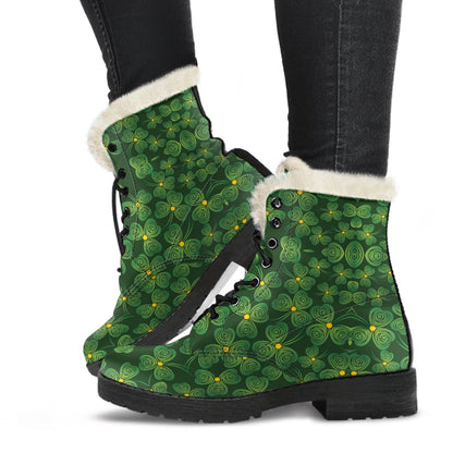 Shamrock Pattern Faux Fur Leather Boots-JTAMIGO.COM