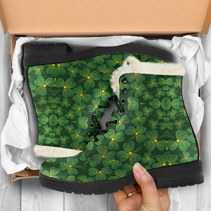 Shamrock Pattern Faux Fur Leather Boots-JTAMIGO.COM