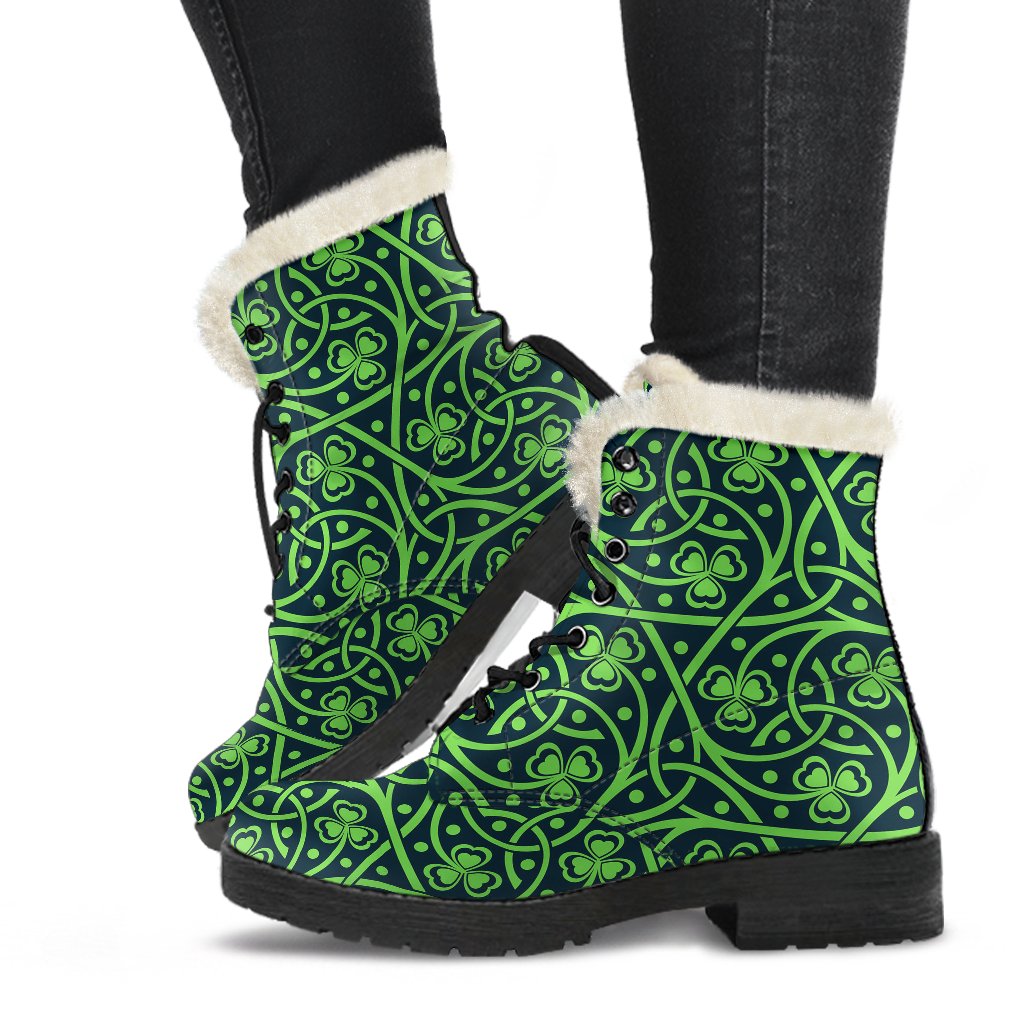 Shamrock Themed Print Faux Fur Leather Boots-JTAMIGO.COM