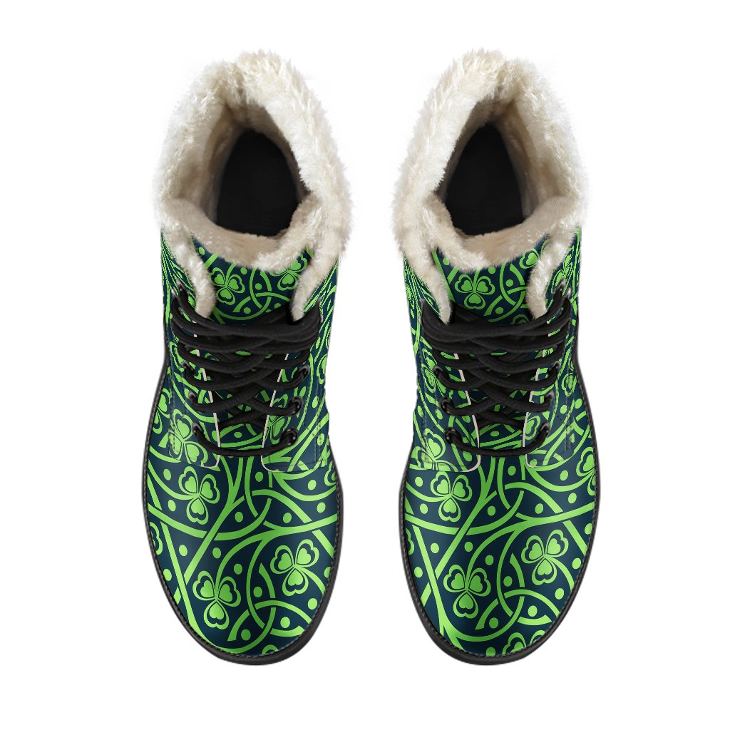 Shamrock Themed Print Faux Fur Leather Boots-JTAMIGO.COM