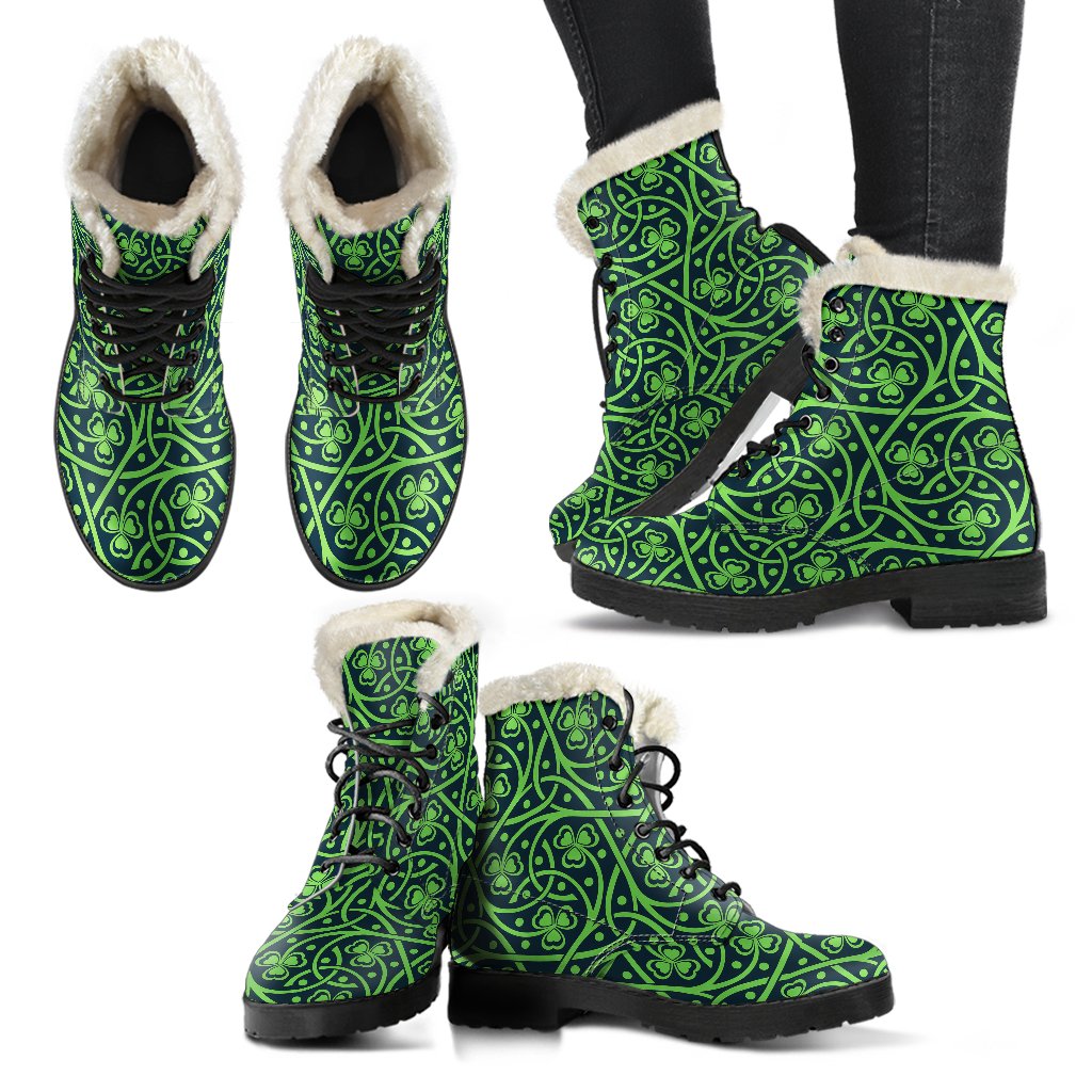 Shamrock Themed Print Faux Fur Leather Boots-JTAMIGO.COM