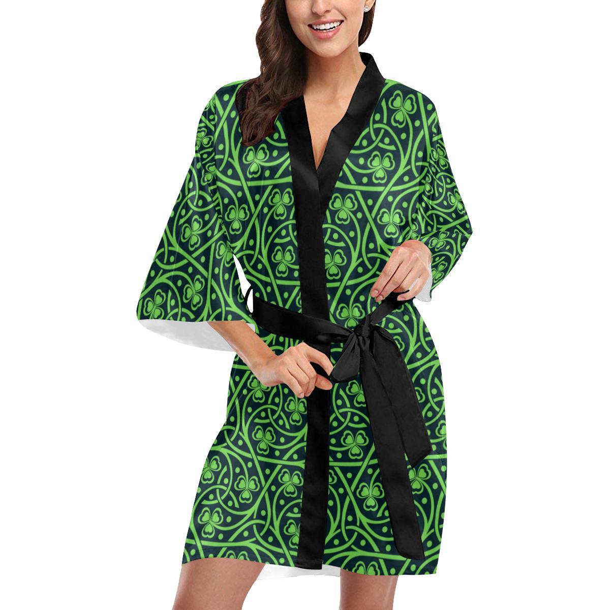 Shamrock Themed Print Women Short Kimono Robe