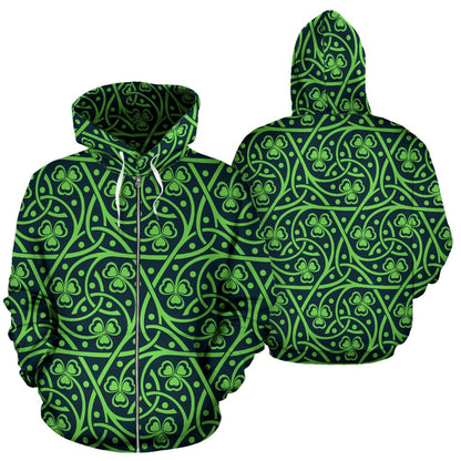 Shamrock Themed Print Zip Up Hoodie