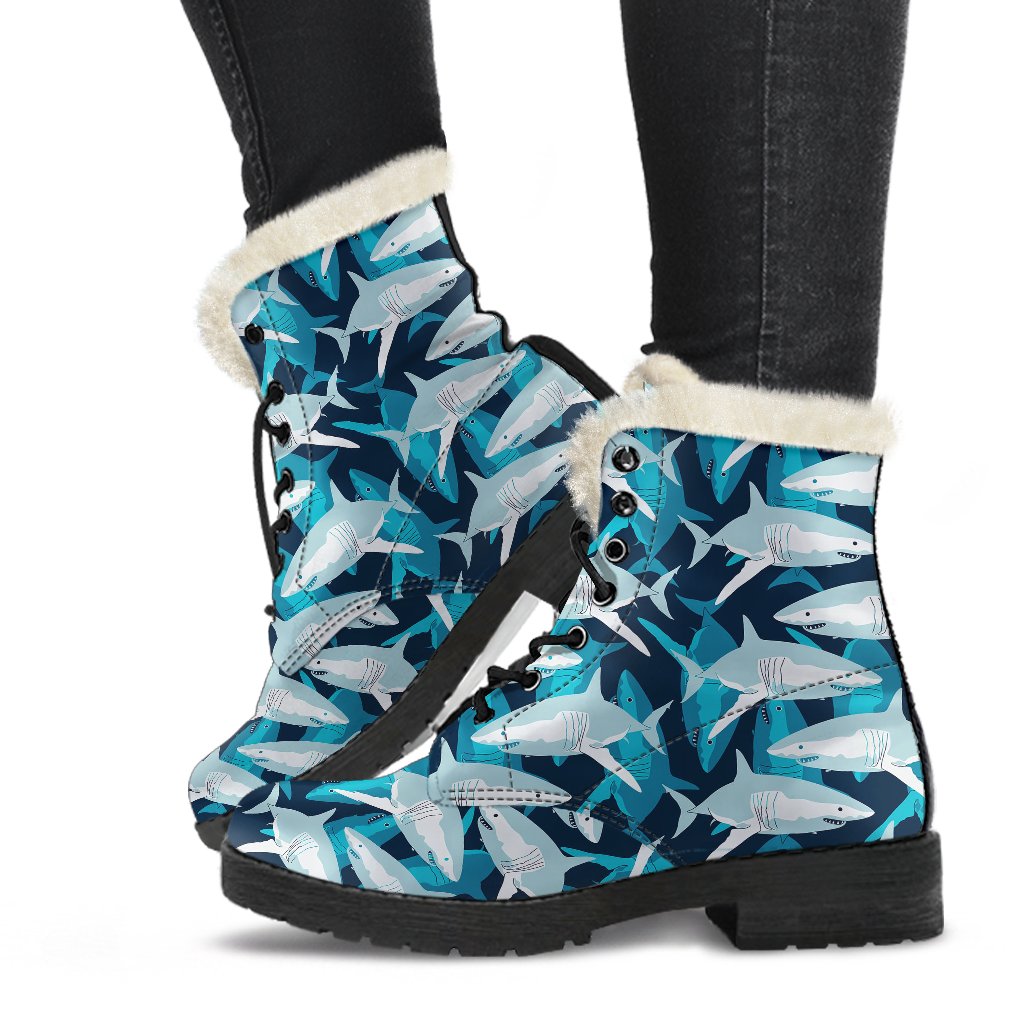 Shark Design Print Faux Fur Leather Boots-JTAMIGO.COM