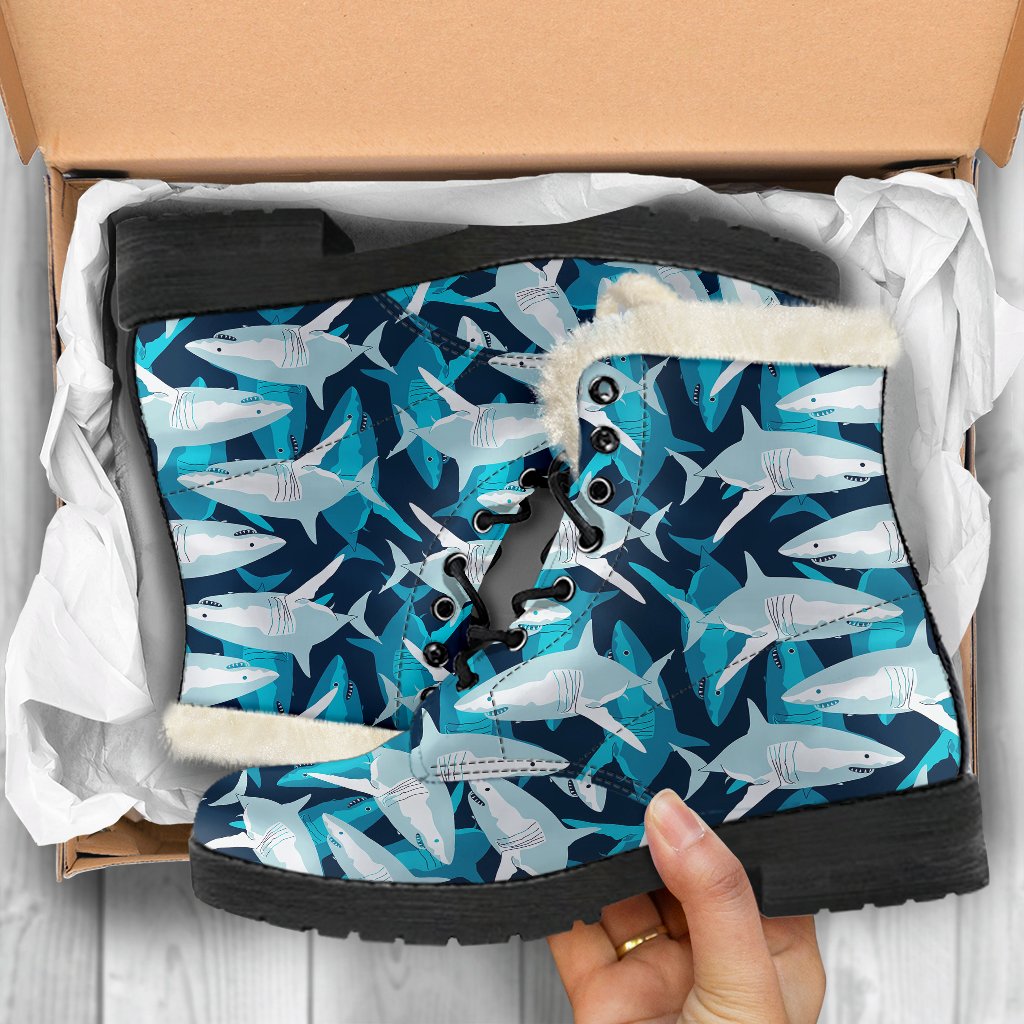 Shark Design Print Faux Fur Leather Boots-JTAMIGO.COM