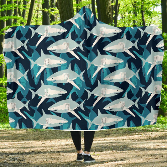 Shark Design Print Hooded Blanket-JTAMIGO.COM