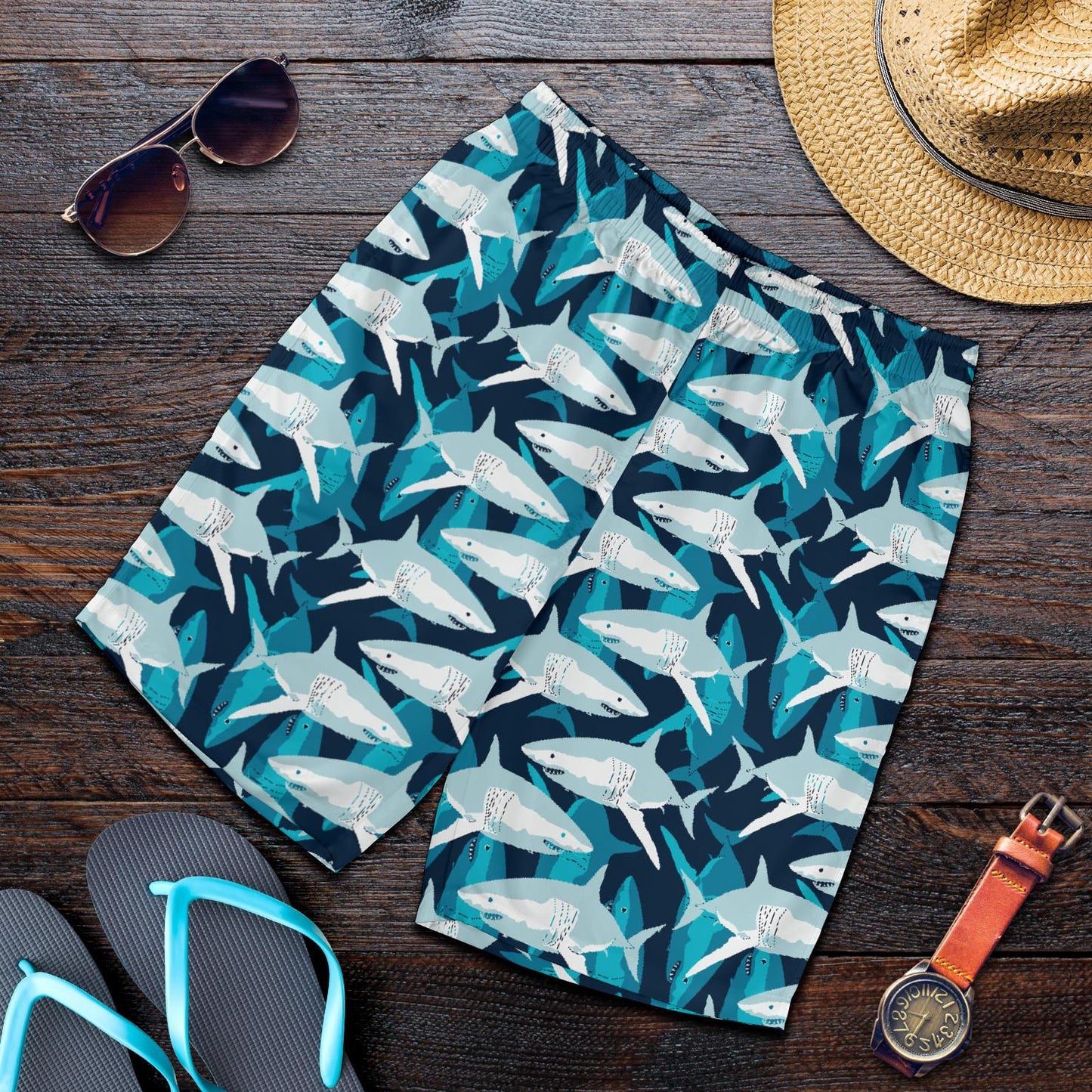 Shark Design Print Mens Shorts-JTAMIGO.COM