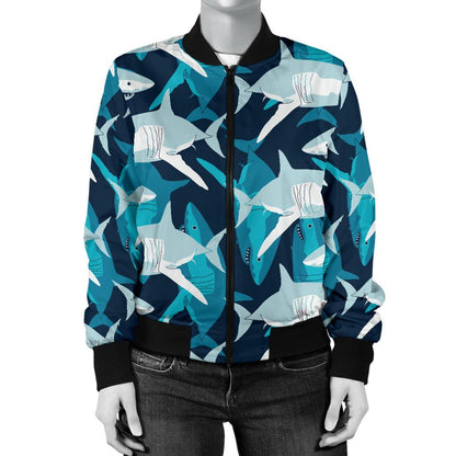 Shark Design Print Women Casual Bomber Jacket