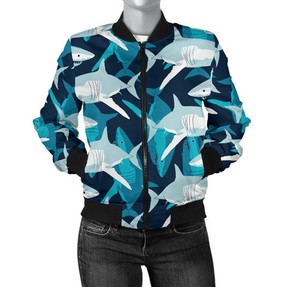 Shark Design Print Women Casual Bomber Jacket