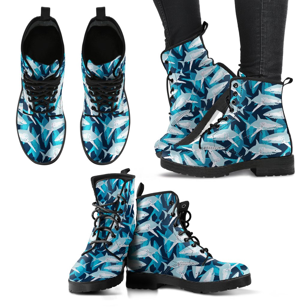 Shark Design Print Women Leather Boots-JTAMIGO.COM