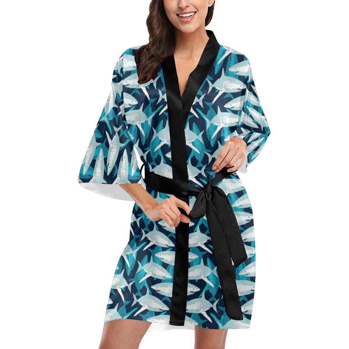Shark Design Print Women Short Kimono Robe