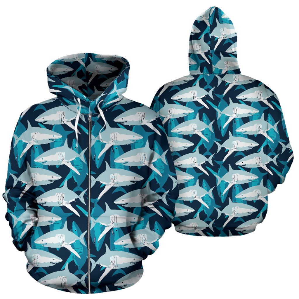 Shark Design Print Zip Up Hoodie