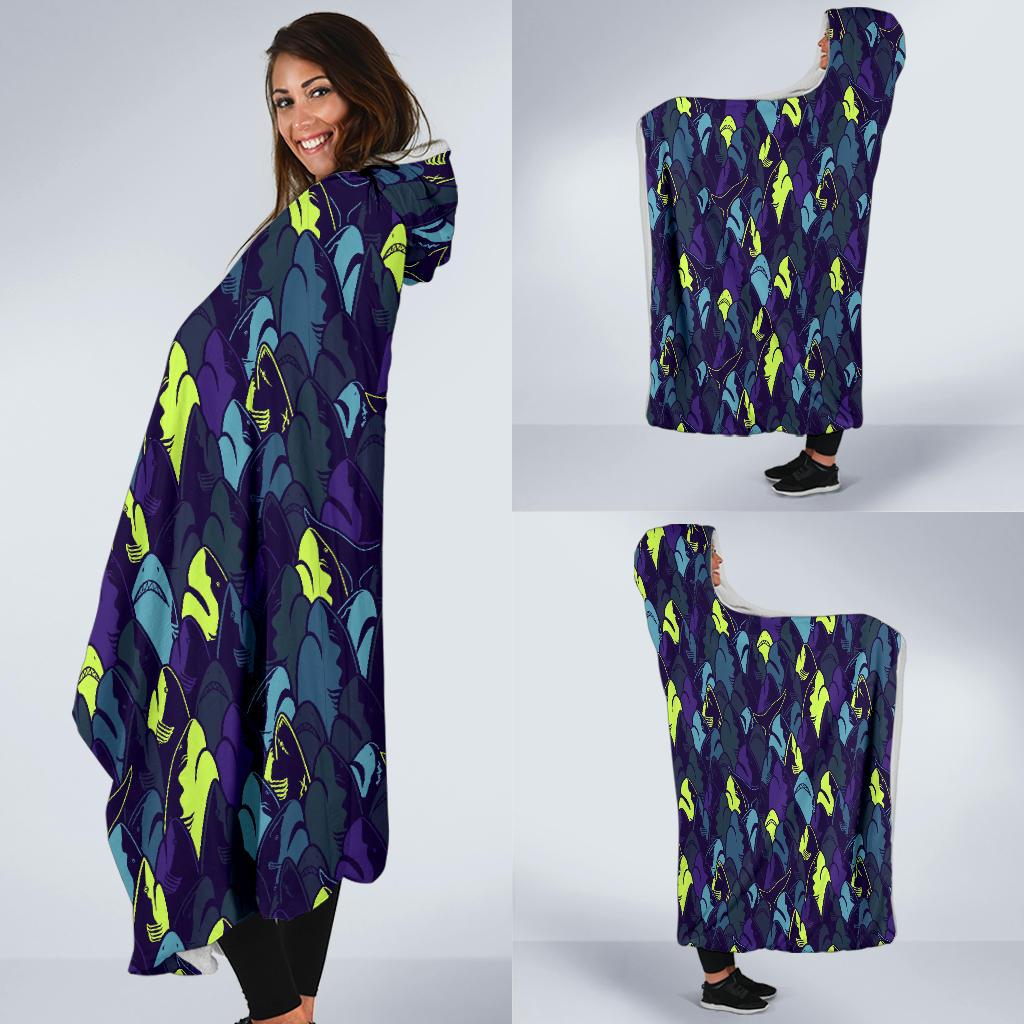 Shark Neon color Print Hooded Blanket-JTAMIGO.COM