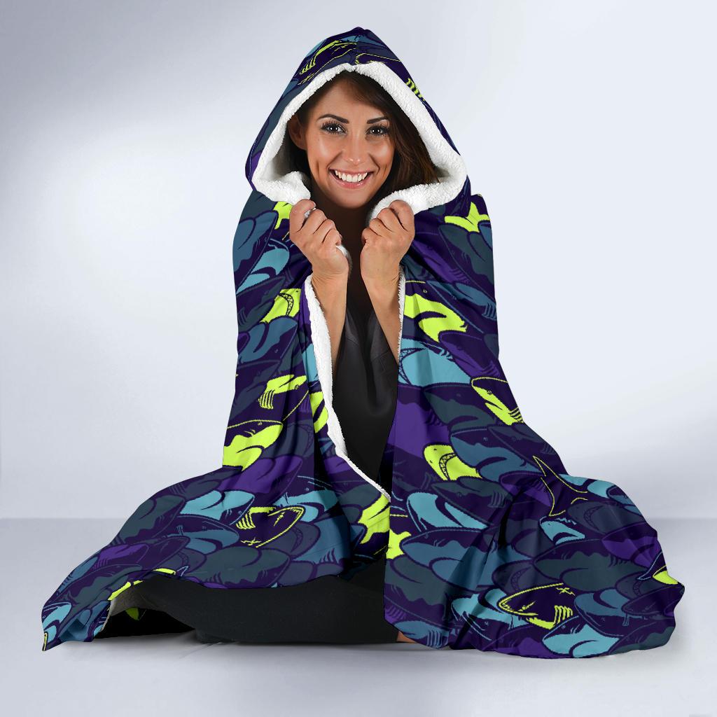 Shark Neon color Print Hooded Blanket-JTAMIGO.COM