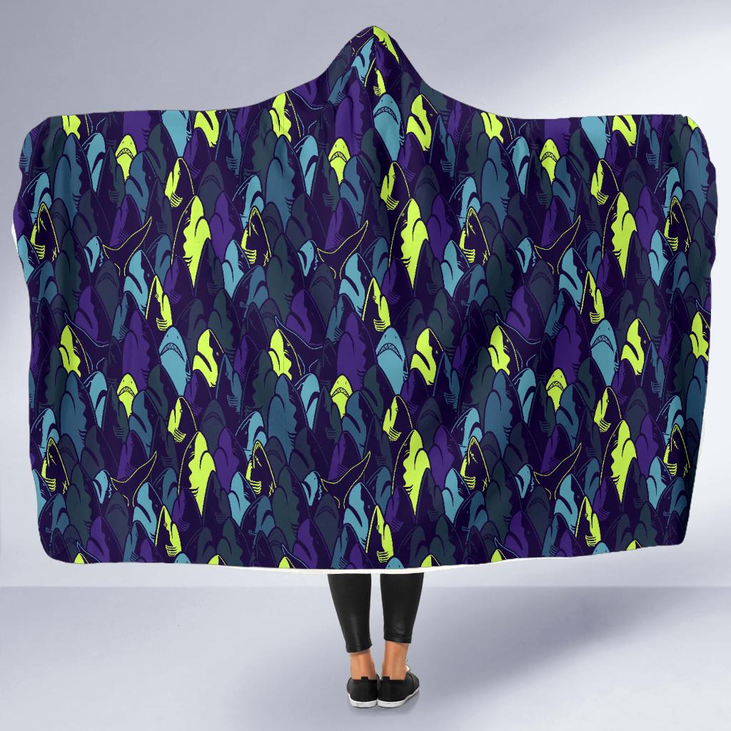 Shark Neon color Print Hooded Blanket-JTAMIGO.COM