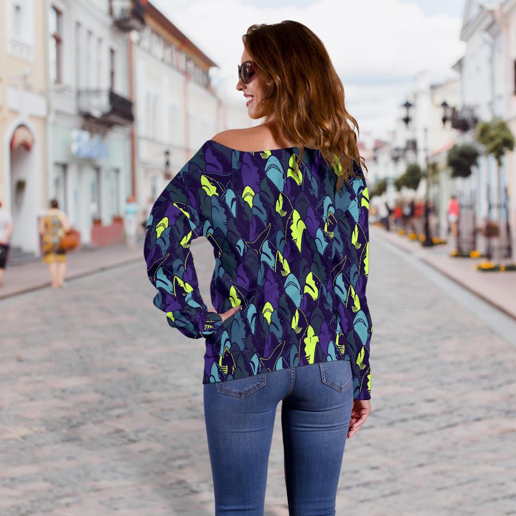 Shark Neon Color Print Off Shoulder Sweatshirt