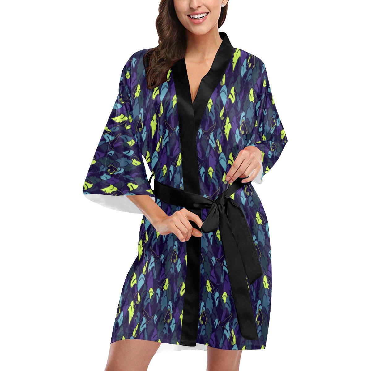 Shark Neon color Print Women Short Kimono Robe