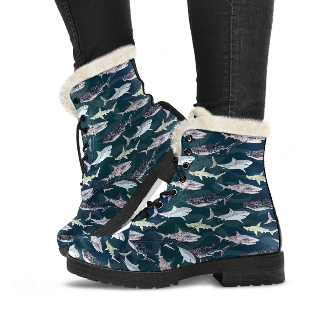 Shark Pattern Print Faux Fur Leather Boots-JTAMIGO.COM