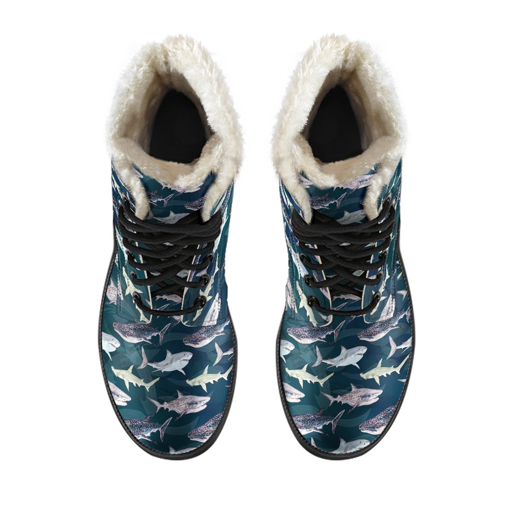Shark Pattern Print Faux Fur Leather Boots-JTAMIGO.COM
