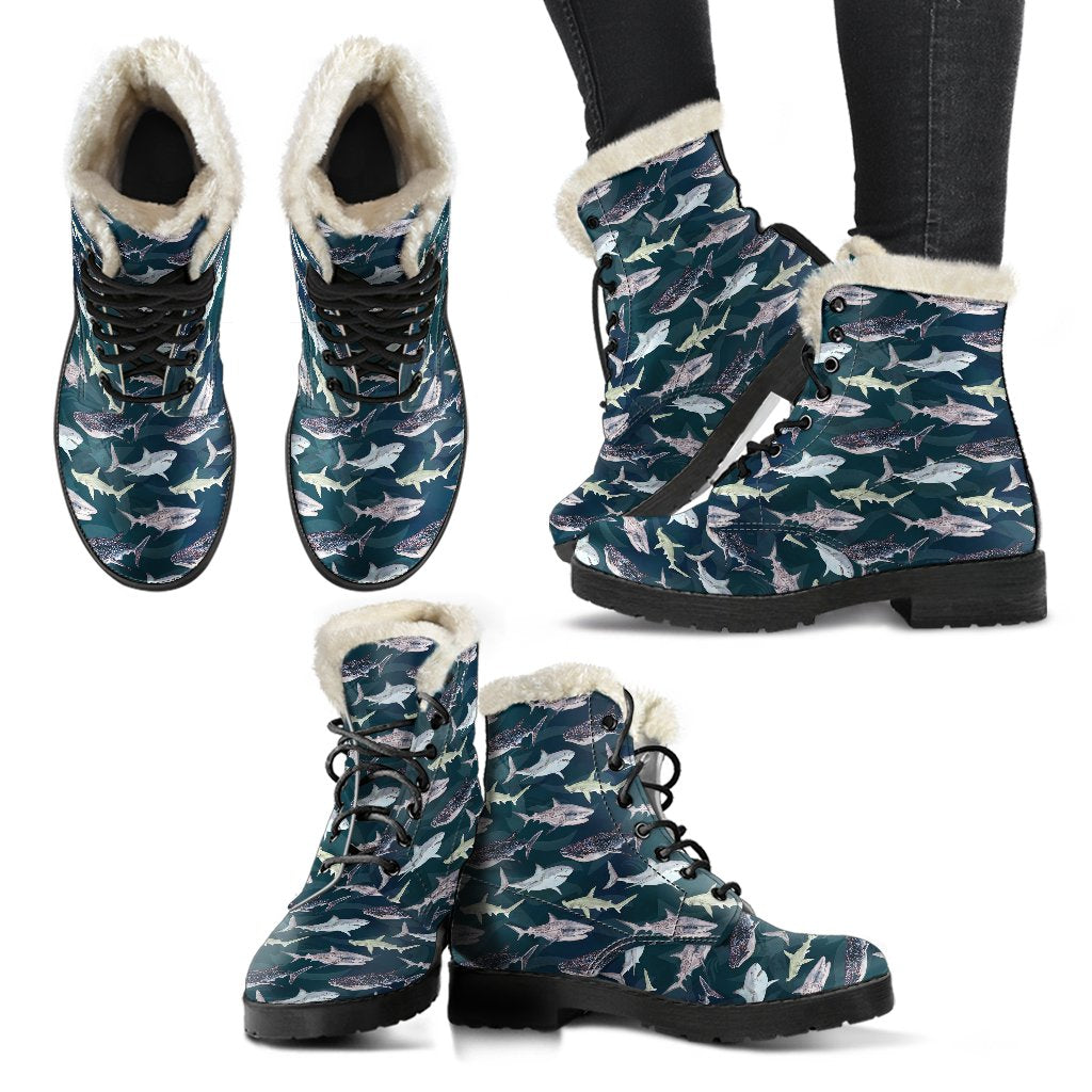 Shark Pattern Print Faux Fur Leather Boots-JTAMIGO.COM
