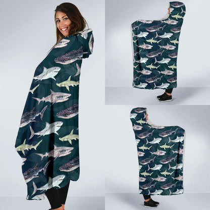 Shark Pattern Print Hooded Blanket-JTAMIGO.COM
