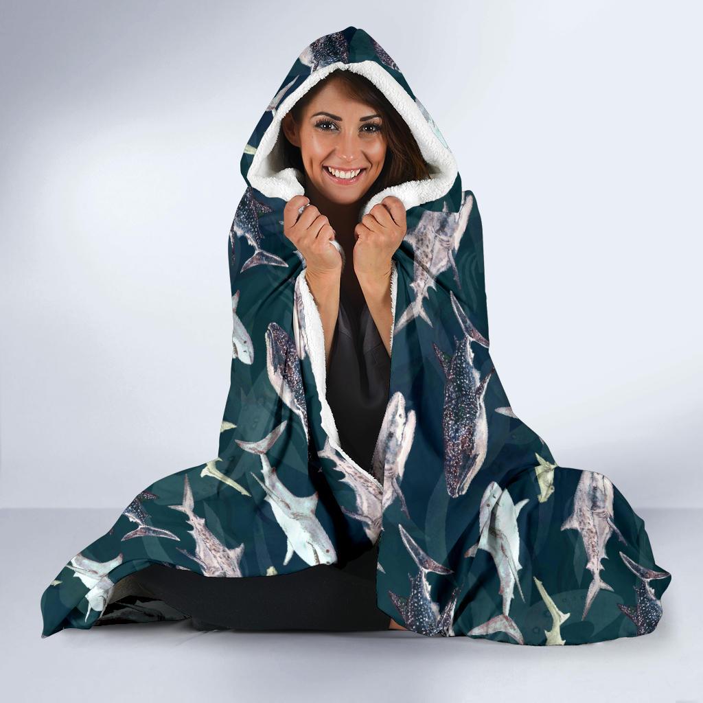 Shark Pattern Print Hooded Blanket-JTAMIGO.COM