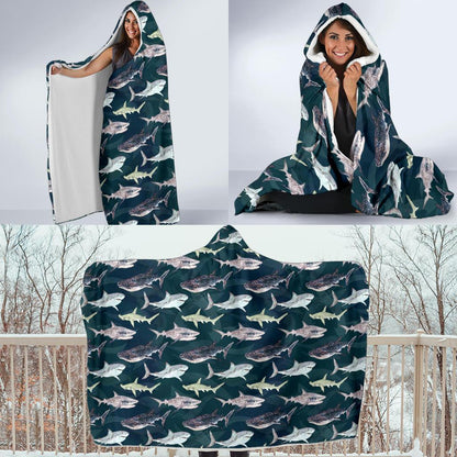 Shark Pattern Print Hooded Blanket-JTAMIGO.COM