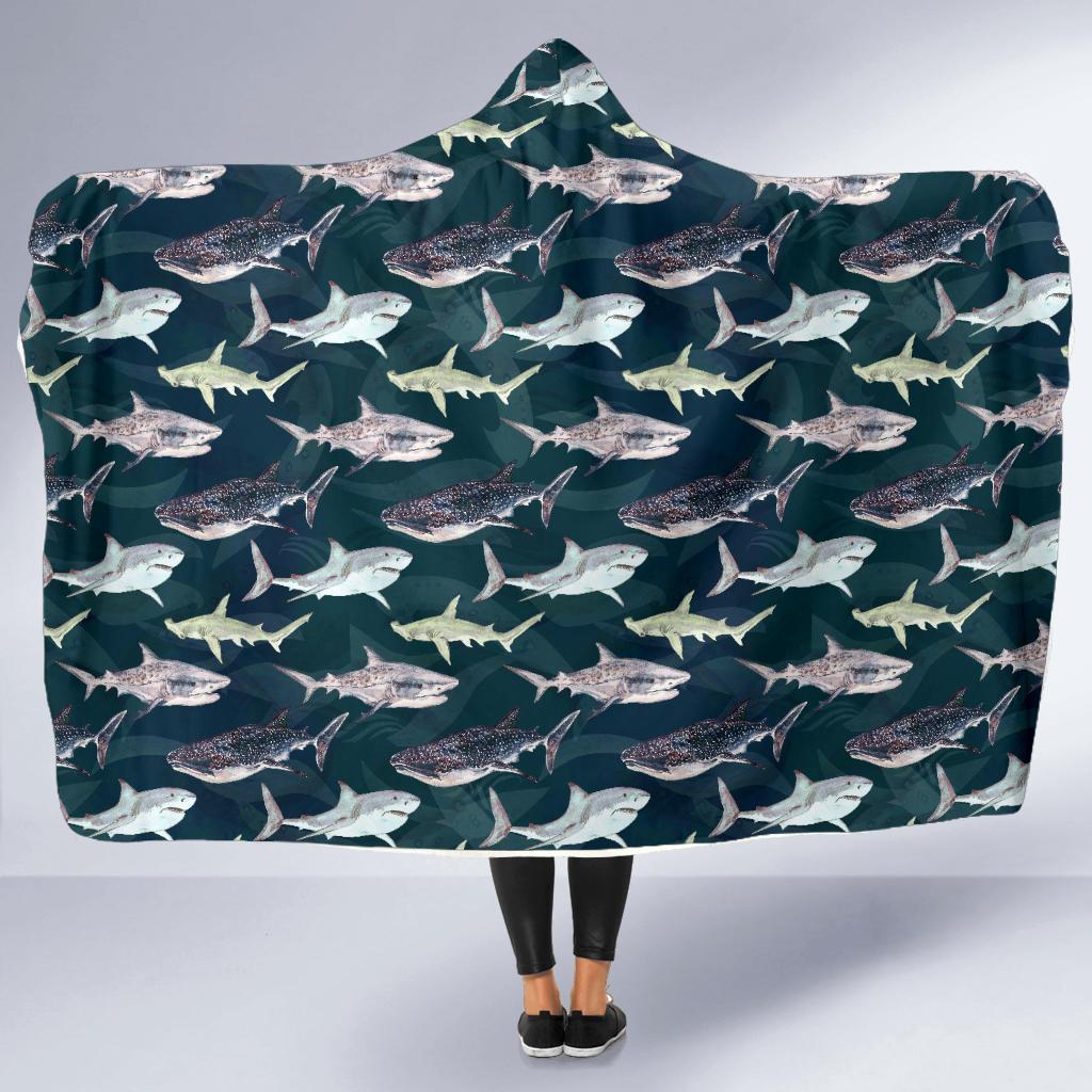 Shark Pattern Print Hooded Blanket-JTAMIGO.COM