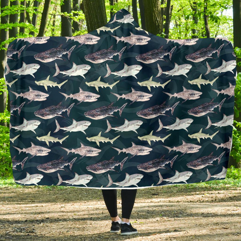 Shark Pattern Print Hooded Blanket-JTAMIGO.COM