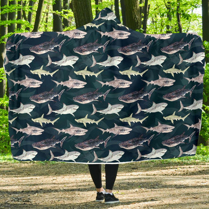 Shark Pattern Print Hooded Blanket-JTAMIGO.COM