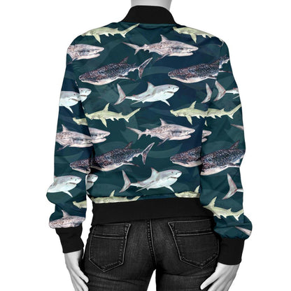 Shark Pattern Print Women Casual Bomber Jacket