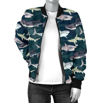 Shark Pattern Print Women Casual Bomber Jacket