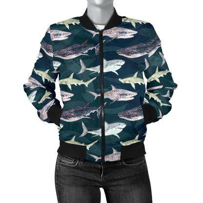 Shark Pattern Print Women Casual Bomber Jacket