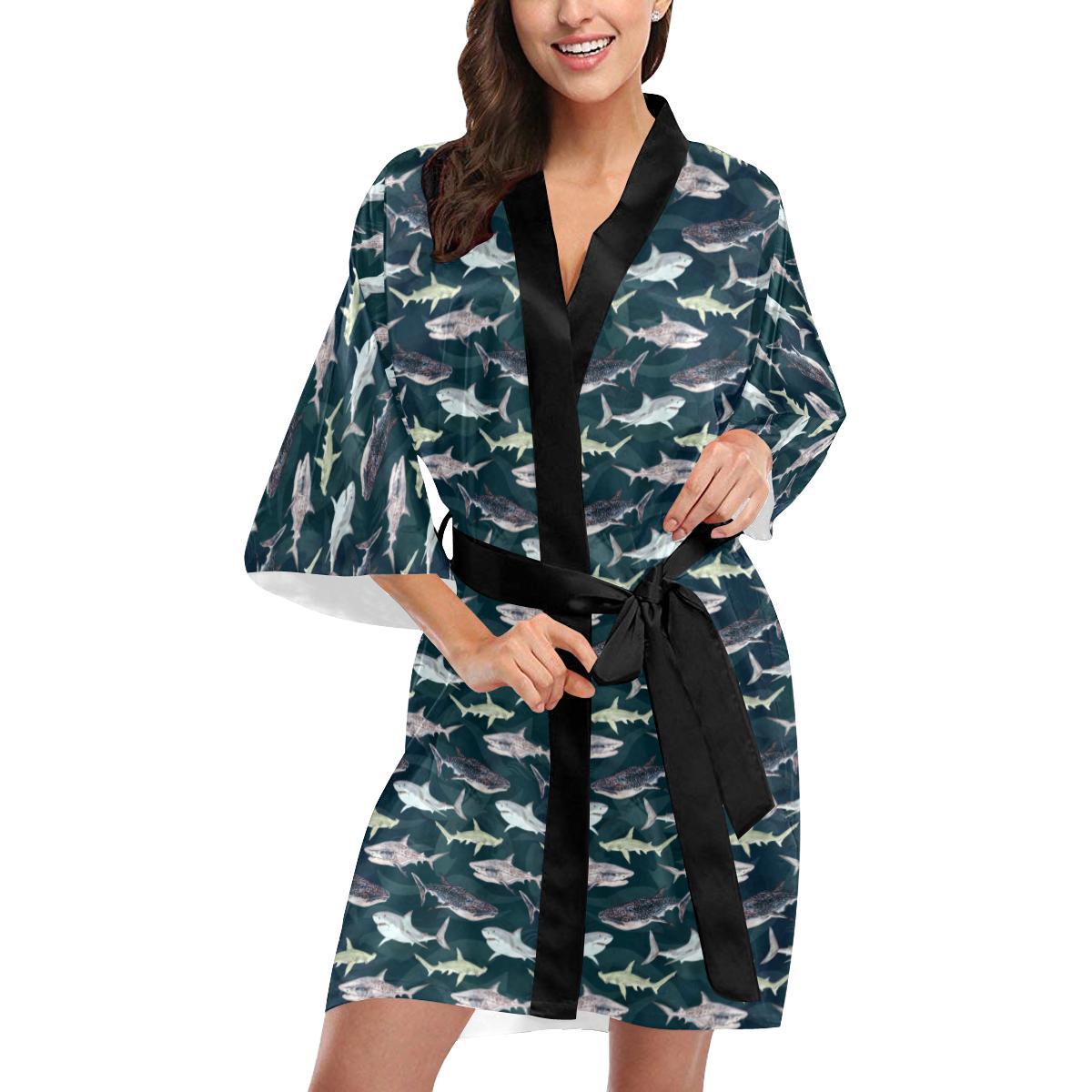 Shark Pattern Print Women Short Kimono Robe