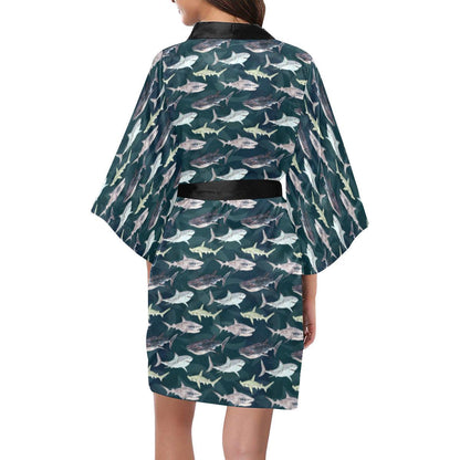 Shark Pattern Print Women Short Kimono Robe