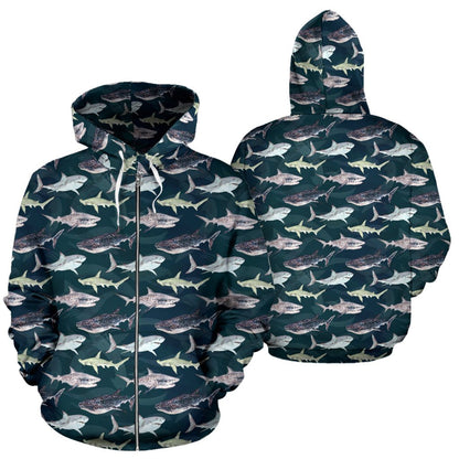 Shark Pattern Print Zip Up Hoodie