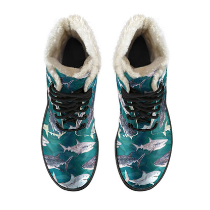 Shark Style Print Faux Fur Leather Boots-JTAMIGO.COM