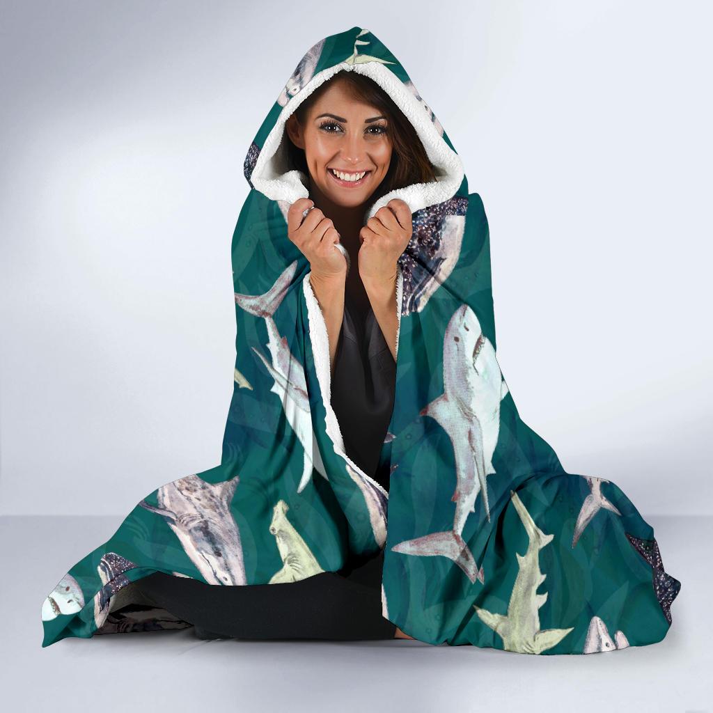 Shark Style Print Hooded Blanket-JTAMIGO.COM