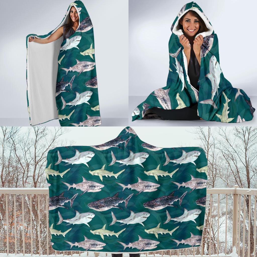 Shark Style Print Hooded Blanket-JTAMIGO.COM