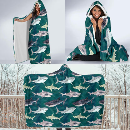 Shark Style Print Hooded Blanket-JTAMIGO.COM