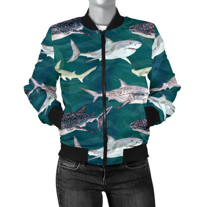 Shark Style Print Women Casual Bomber Jacket