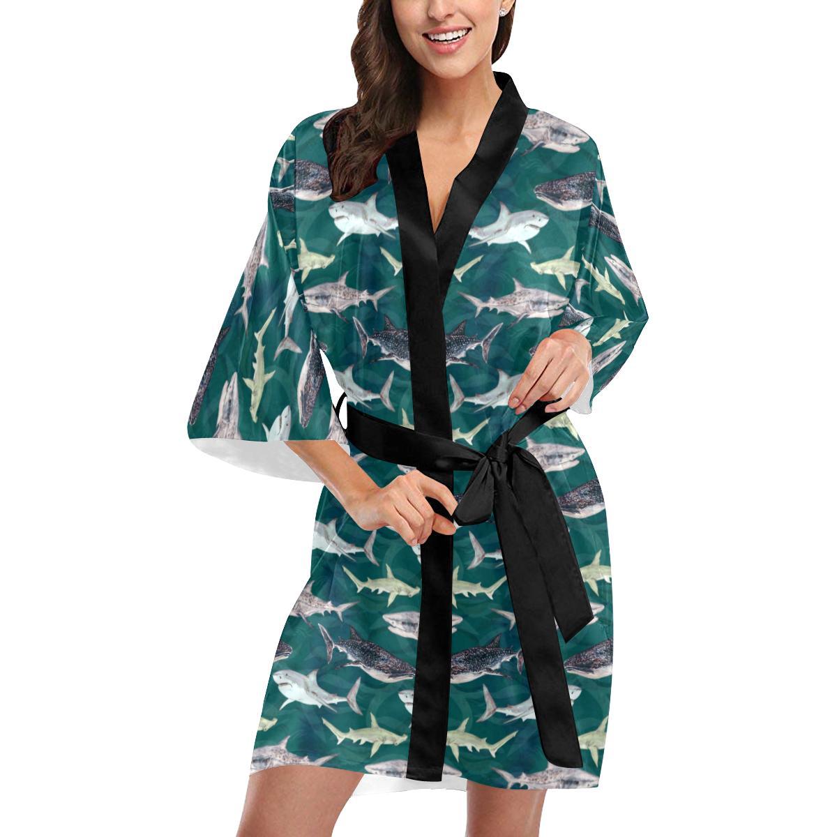 Shark Style Print Women Short Kimono Robe