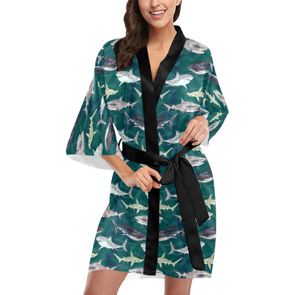 Shark Style Print Women Short Kimono Robe